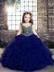 Custom Design Blue Sleeveless Floor Length Beading and Ruffles Lace Up Little Girls Pageant Dress
