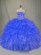 Custom Designed Blue Strapless Neckline Beading and Ruffles 15th Birthday Dress Sleeveless Lace Up