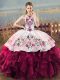 Halter Top Sleeveless Organza Quince Ball Gowns Embroidery and Ruffles Lace Up