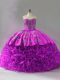 Pretty Fuchsia Lace Up 15 Quinceanera Dress Beading and Embroidery and Ruffles Sleeveless Brush Train