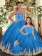 Blue Sleeveless Floor Length Embroidery Lace Up Quinceanera Dresses