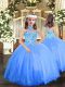 Floor Length Blue Kids Pageant Dress Halter Top Sleeveless Lace Up