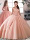 Luxury Peach Ball Gowns Off The Shoulder Sleeveless Tulle Brush Train Lace Up Beading Sweet 16 Dresses