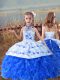 Cute Beading and Embroidery and Ruffles Kids Pageant Dress Blue And White Lace Up Sleeveless Floor Length