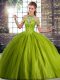 Fancy Olive Green Ball Gowns Tulle Halter Top Sleeveless Beading Lace Up Quince Ball Gowns Brush Train