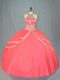 Extravagant Watermelon Red Ball Gowns Halter Top Sleeveless Tulle Floor Length Lace Up Beading and Ruffles Quince Ball Gowns