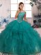 Turquoise Scoop Neckline Beading and Ruffles Quinceanera Gown Sleeveless Zipper