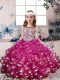 Stylish Fuchsia Organza Lace Up Scoop Sleeveless Floor Length Child Pageant Dress Beading and Ruffles