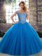 Hot Selling Blue Ball Gowns Tulle Off The Shoulder Sleeveless Beading Floor Length Lace Up Quinceanera Gown