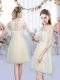 Fitting Scoop Sleeveless Bridesmaids Dress Mini Length Lace and Bowknot Champagne Tulle