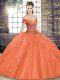 Orange Red Tulle Lace Up Off The Shoulder Sleeveless Floor Length Ball Gown Prom Dress Beading and Ruffles