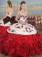 White And Red Ball Gowns Embroidery and Ruffles and Bowknot Sweet 16 Dress Lace Up Organza Sleeveless Floor Length