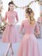 Cheap Pink Zipper Bridesmaid Gown Lace Half Sleeves Tea Length