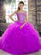 Off The Shoulder Sleeveless Quinceanera Dresses Brush Train Beading and Ruffles Purple Tulle