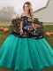 Modest Off The Shoulder Sleeveless Lace Up 15th Birthday Dress Turquoise Tulle