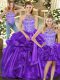 Top Selling Purple Three Pieces Organza Halter Top Sleeveless Beading and Ruffles Floor Length Lace Up Quinceanera Gowns