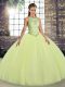Ideal Yellow Green Ball Gowns Tulle Scoop Sleeveless Embroidery Floor Length Lace Up Quinceanera Gowns