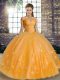 Luxury Off The Shoulder Sleeveless Quinceanera Dresses Floor Length Beading and Appliques Orange Tulle