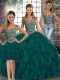 Peacock Green Three Pieces Beading and Ruffles Sweet 16 Dress Lace Up Organza Sleeveless Floor Length