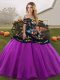 Tulle Off The Shoulder Sleeveless Lace Up Embroidery Sweet 16 Quinceanera Dress in Black And Purple