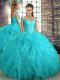 Dramatic Floor Length Lace Up Sweet 16 Quinceanera Dress Aqua Blue for Military Ball and Sweet 16 and Quinceanera with Beading and Ruffles