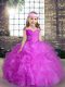 Floor Length Lace Up Little Girl Pageant Dress Fuchsia for Party and Wedding Party with Beading and Ruffles