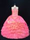 Custom Made Pink Sleeveless Floor Length Beading and Ruffled Layers Lace Up Sweet 16 Quinceanera Dress