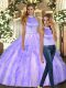 Lavender Ball Gowns Ruffles Quinceanera Dress Backless Tulle Sleeveless Floor Length