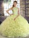 Customized Yellow Green Sleeveless Fabric With Rolling Flowers Lace Up Vestidos de Quinceanera for Military Ball and Sweet 16 and Quinceanera
