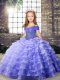 Amazing Lace Up Little Girls Pageant Gowns Lavender for Party and Military Ball and Wedding Party with Beading and Ruffled Layers Brush Train