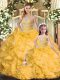Gold Ball Gowns Organza Sweetheart Sleeveless Beading and Ruffles Floor Length Lace Up Quince Ball Gowns