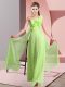 Edgy Yellow Green Empire One Shoulder Sleeveless Chiffon Floor Length Lace Up Hand Made Flower Bridesmaids Dress