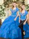 Best Floor Length Lace Up Sweet 16 Dresses Blue for Military Ball and Sweet 16 and Quinceanera with Beading and Ruffles