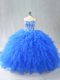 Fine Floor Length Blue Sweet 16 Dresses Tulle Sleeveless Beading and Ruffles