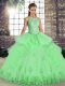 Sleeveless Tulle Floor Length Lace Up Quinceanera Gowns in with Lace and Embroidery and Ruffles