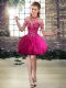 Fuchsia A-line Halter Top Sleeveless Tulle Mini Length Lace Up Beading and Ruffles Teens Party Dress
