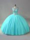 Cheap Aqua Blue Ball Gowns Scoop Sleeveless Organza Lace Up Beading Quinceanera Gowns