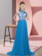 Unique Blue Halter Top Neckline Beading Prom Gown Sleeveless Backless