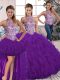 Vintage Purple Halter Top Lace Up Beading and Ruffles Ball Gown Prom Dress Sleeveless