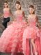 Watermelon Red Quince Ball Gowns Sweet 16 and Quinceanera with Beading and Ruffled Layers Straps Sleeveless Court Train Lace Up