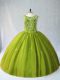 Charming Tulle Scoop Sleeveless Lace Up Beading Ball Gown Prom Dress in Olive Green