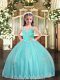 Sleeveless Floor Length Appliques Lace Up Little Girls Pageant Gowns with Aqua Blue