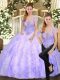 Lavender Tulle Lace Up Quince Ball Gowns Sleeveless Floor Length Beading and Appliques and Ruffles