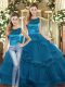 Floor Length Lace Up Sweet 16 Dresses Teal for Military Ball and Sweet 16 and Quinceanera with Ruffles