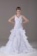 Dynamic White Mermaid Organza V-neck Sleeveless Ruffled Layers Lace Up Wedding Gowns Brush Train