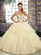Free and Easy Sleeveless Beading and Ruffled Layers Lace Up Quinceanera Gowns with Light Yellow Brush Train