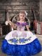 Cute Off The Shoulder Sleeveless Pageant Dress for Womens Floor Length Beading and Embroidery and Ruffles Royal Blue Organza