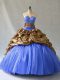 Blue Ball Gowns Beading and Pick Ups Quince Ball Gowns Lace Up Organza and Printed Sleeveless