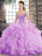 Hot Sale Lavender Tulle Lace Up Vestidos de Quinceanera Sleeveless Brush Train Beading and Ruffles