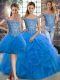Trendy Brush Train Three Pieces Quinceanera Dress Blue Off The Shoulder Tulle Sleeveless Lace Up